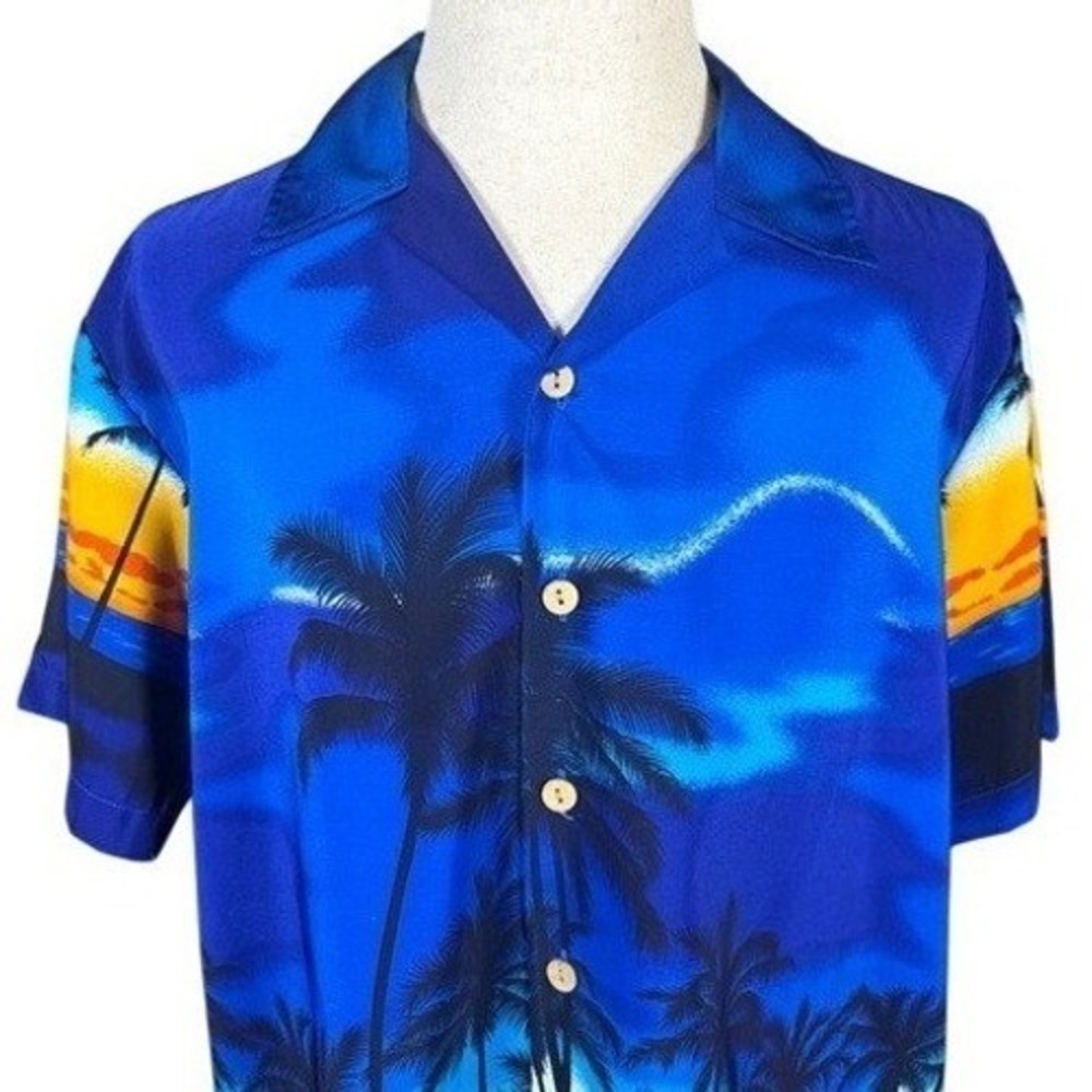 Kennington Shirt Mens Large Hawaiian Blue Tropical Sunset‎ Palm Tree Button-down